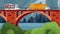Bridge over river or lake with autos of travelers vector illustration.