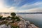 Bridge over the sea to the island of Peljesac in Croatia. Calm sea level with a beautiful white bridge in the foreground white