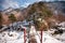 A bridge over a stream following a heavy snow in a