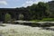 Bridge over the Tozo river full of Ranunculus aquatilis or aquatic buttercup is a species belonging to the Ranunculaceae family