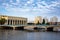 A Bridge of Peace on Odra River and a University Library building in Wroclaw, Poland. .