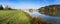 Bridge in Piestany Slovakia, Vah river + blue sky + colorful a