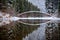 Bridge and reflection. Winter forest and lake. Lightning lake. Manning Park. Hope. British Columbia. Canada.