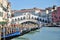 Bridge Rialto on Grand canal famous landmark panoramic view Venice.