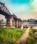 The bridge on the river Kwai at sunrise. Railway in Kanchanaburi, Thailand