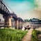 The bridge on the river Kwai at sunrise. Railway in Kanchanaburi, Thailand