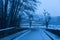 Bridge and road in cold snow storm