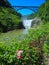 Bridge Spanning a Waterfall with Flowers