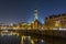 Bridge in Speicherstadt in Hamburg Night Light and sky. church view