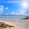 Bridge to the island with Buddhist temple, Matara, Sri Lanka