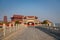 The bridge to the Penglai pavilion during the sunset, Yantai, Shandong, China. Copy space for text, blue sky