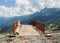 Bridge under construction with mountain view. Rosa Khutor. Height 1100 m.