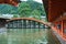 Bridge and vermilion halls at itsukushima Shinto Shrine.