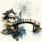Bridge, Water, and House in Chinese Brush Painting (generative AI)