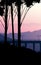 Bridges and travel. Natural forest mountains horizon hills silhouettes of trees. Sunrise and sunset. Landscape wallpaper.