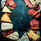 Brie cheese, blue cheese, gorgonzola, fuete, salami. Free space for text. Top view