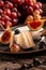 Brie cheese with fresh figs and grapes, fruits, berries and wine, a delicious snack for wine