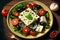 Brie cheese and tomato salad with olives, onion, and greens