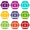 Briefcase full of money icon set color hexahedron