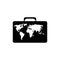 Briefcase icon. Business bag sign. Baggage symbol. Black and white vector graphics with the globe map. Banner Earth symbol for web