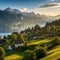 Brienz, Switzerland with morning light, wide-angle shot