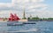 Brig with scarlet sails on The Neva River. St Petersburg. Russia