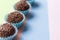 Brigadeiro is a chocolate truffle from Brazil. Cocoa and sprinkles of chocolate. Children birthday party sweet. Candy balls in