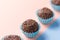 Brigadeiro is a chocolate truffle from Brazil. Cocoa and sprinkles of chocolate. Children birthday party sweet. Candy balls in