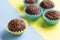 Brigadeiro is a chocolate truffle from Brazil. Cocoa and sprinkles of chocolate. Children birthday party sweet. One candy ball ap