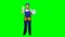 Brigadier girl is holding a large clock and showing okay. Green screen