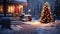 The Brigadier\\\'s Tree in the Snowy Outside House With Red Door an