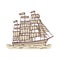Brigantine sailing vessel or sails ship, engraving vector illustration isolated.