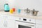 Bright accessories in kitchen in minimalist, scandinavian style, cozy, comfort interior