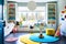 A bright and airy playroom with a large chalkboard and plenty of toys. Generative Ai