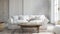 a bright, airy room with a pristine white sofa, a rustic wooden coffee table, and woven textures Coastal interior design of living