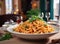 bright and appetizing photo in a cozy restaurant. Perfectly cooked pasta on a served table