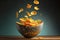 Bright appetizing potato chips in round bowl on backlit background