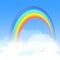 Bright arched rainbow with blue sky and white clouds. Vector