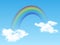 Bright arched rainbow with clouds realistic on blue background. Vector illustration