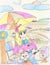 Bright attractive blonde anime girl with pink cartoon bunny rabbit at the beach