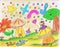 Bright attractive colorful cartoon art illustration of young girl seated on big mushroom in wonderland 2020