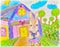 Bright attractive colorful children`s art illustration of little bunny rabbit at school 2020