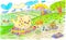Bright attractive colorful yellow cartoon puppy and bird friend watching little seedlings in a garden illustration 2021