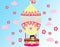 Bright attractive colorful yellow pink hot air balloon with little girl riding in the sky illustration 2021