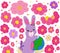 Bright attractive sweet purple pink cartoon girl bunny rabbit with pink red colorful plum blossom flower art in background 2021