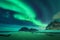 Bright aurora, sea, sandy beach and snowy mountains