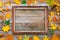 Bright autumn leaves and picture frame on wooden background with copy space. mock up for text, congratulations, phrases, lettering