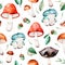 Bright autumn seamless pattern with autumn leaves, acorns, multicolored mushrooms