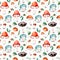 Bright autumn seamless pattern with autumn leaves,acorns,multicolored mushrooms