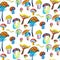 Bright autumn seamless pattern with autumn leaves,branches,multicolored mushrooms. Colorful mushrooms texture.Autumn
